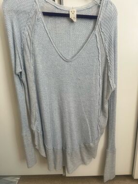 We The Free Pale Blue Waffle Knit V-Neck Sweater